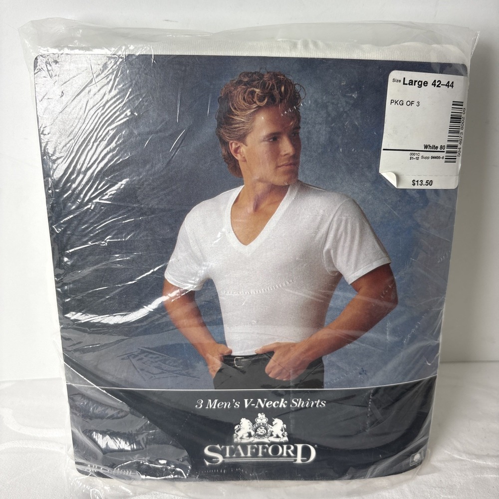 Vintage Stafford V Neck T Shirts Size Large 42-44 Undershirt White Cotton 3 Pack